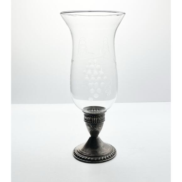 1940s Vintage 925 Silver Weighted Candlestick Holder & Etched Grape Glass Globe - Picture 2 of 10